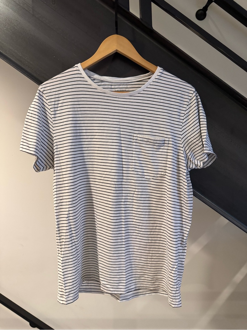 Club Monaco White T-Shirt with Black Stripes and Chest Pocket